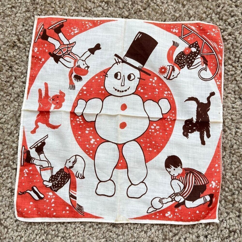 VTG 40s 50s Winter Kids Snowman Hankie 8.5” Novelty Print RARE